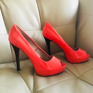 Coral peep toe heels